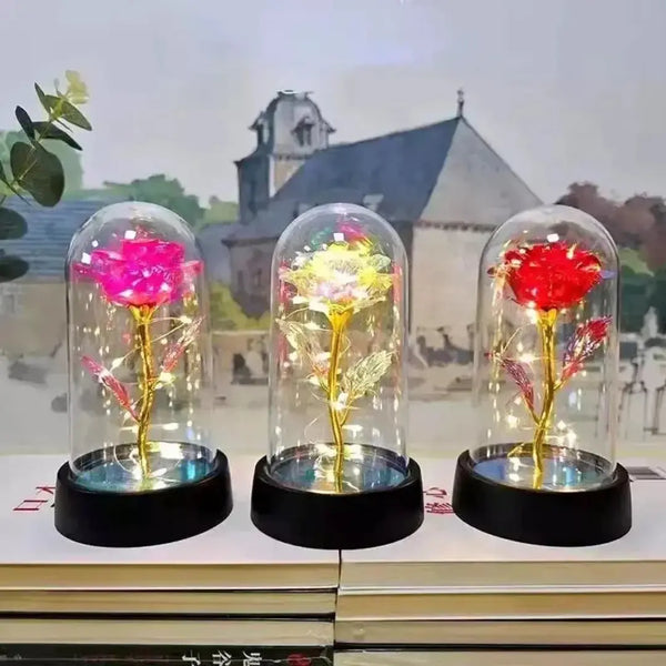 Rosa Encantada com Luz LED – com Cúpula Decorativa Iluminada