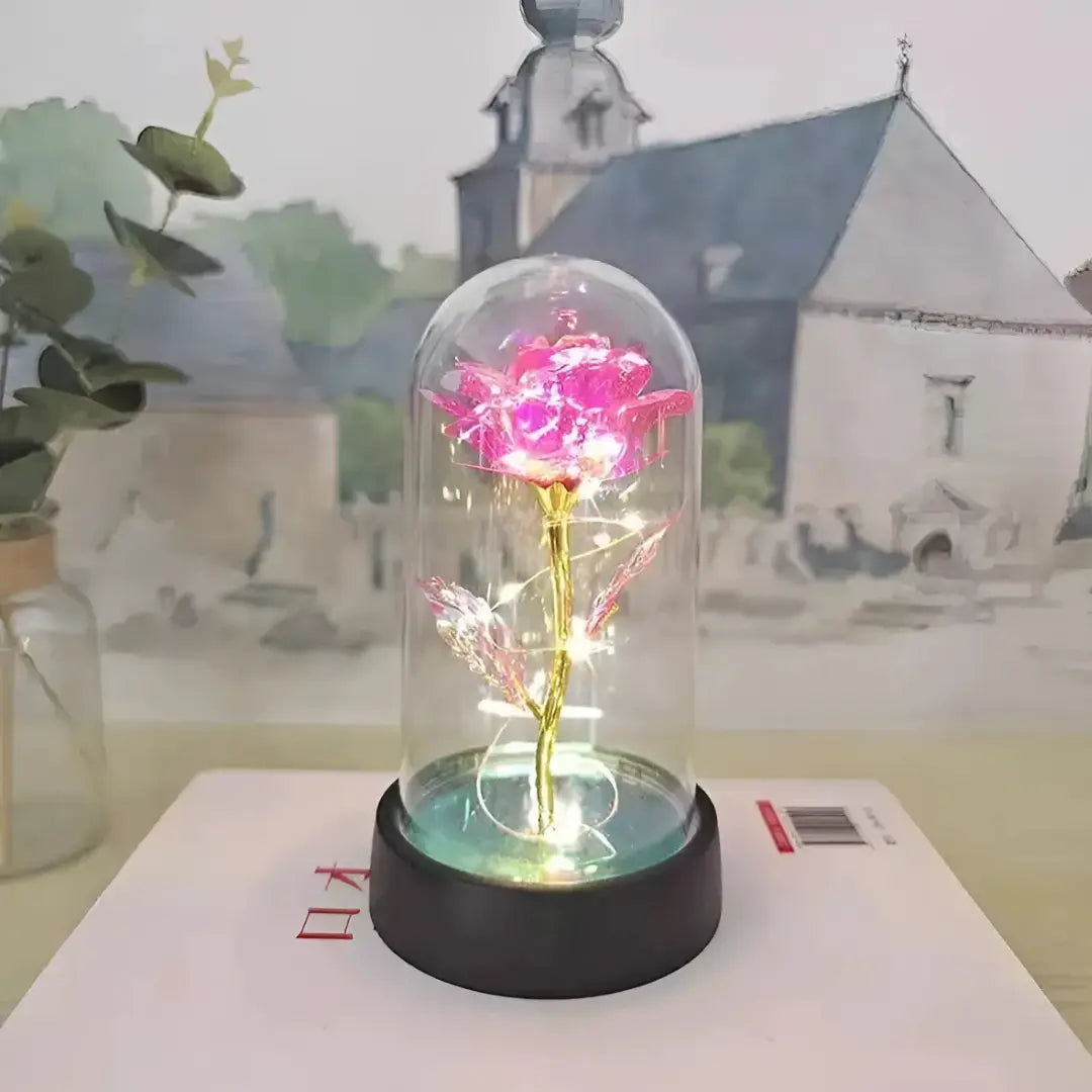 Rosa Encantada com Luz LED – com Cúpula Decorativa Iluminada