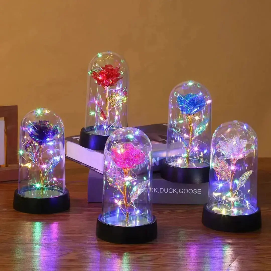 Rosa Encantada com Luz LED – com Cúpula Decorativa Iluminada