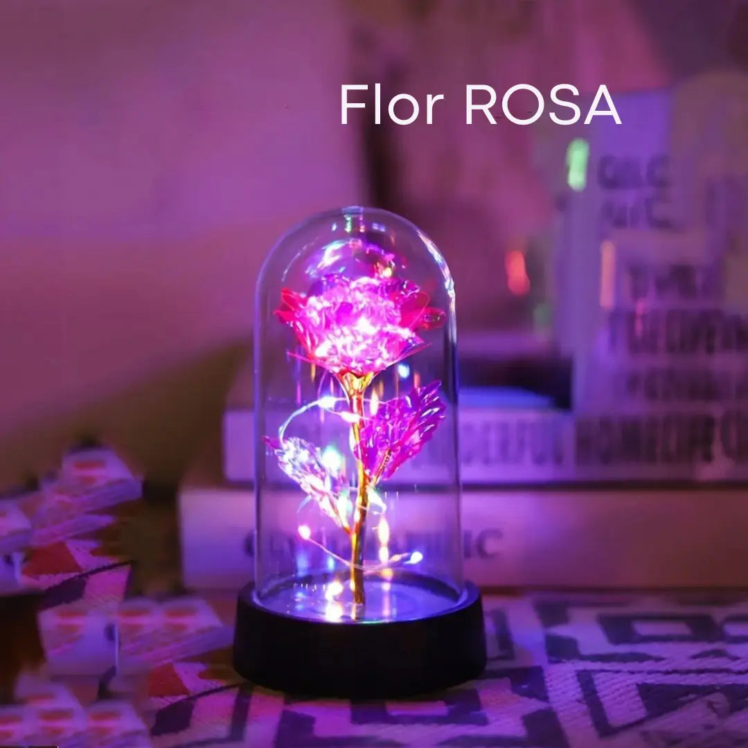 Rosa Encantada com Luz LED – com Cúpula Decorativa Iluminada