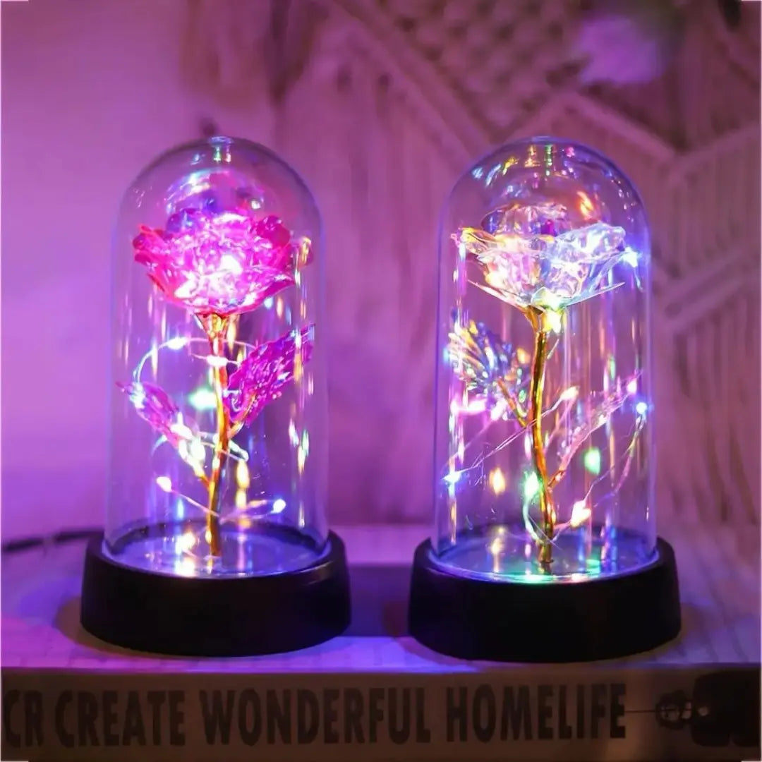 Rosa Encantada com Luz LED – com Cúpula Decorativa Iluminada