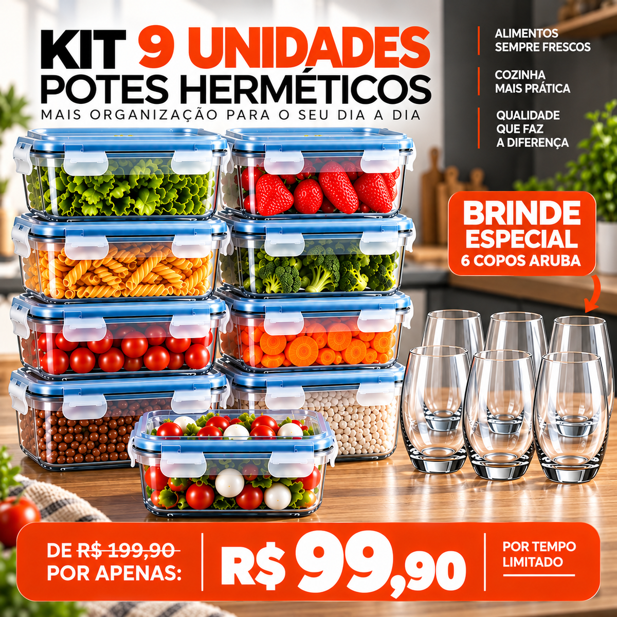 KIT 9 UNIDADES POTES HERMÉTICOS + 6 COPOS ARUBA DE BRINDE!