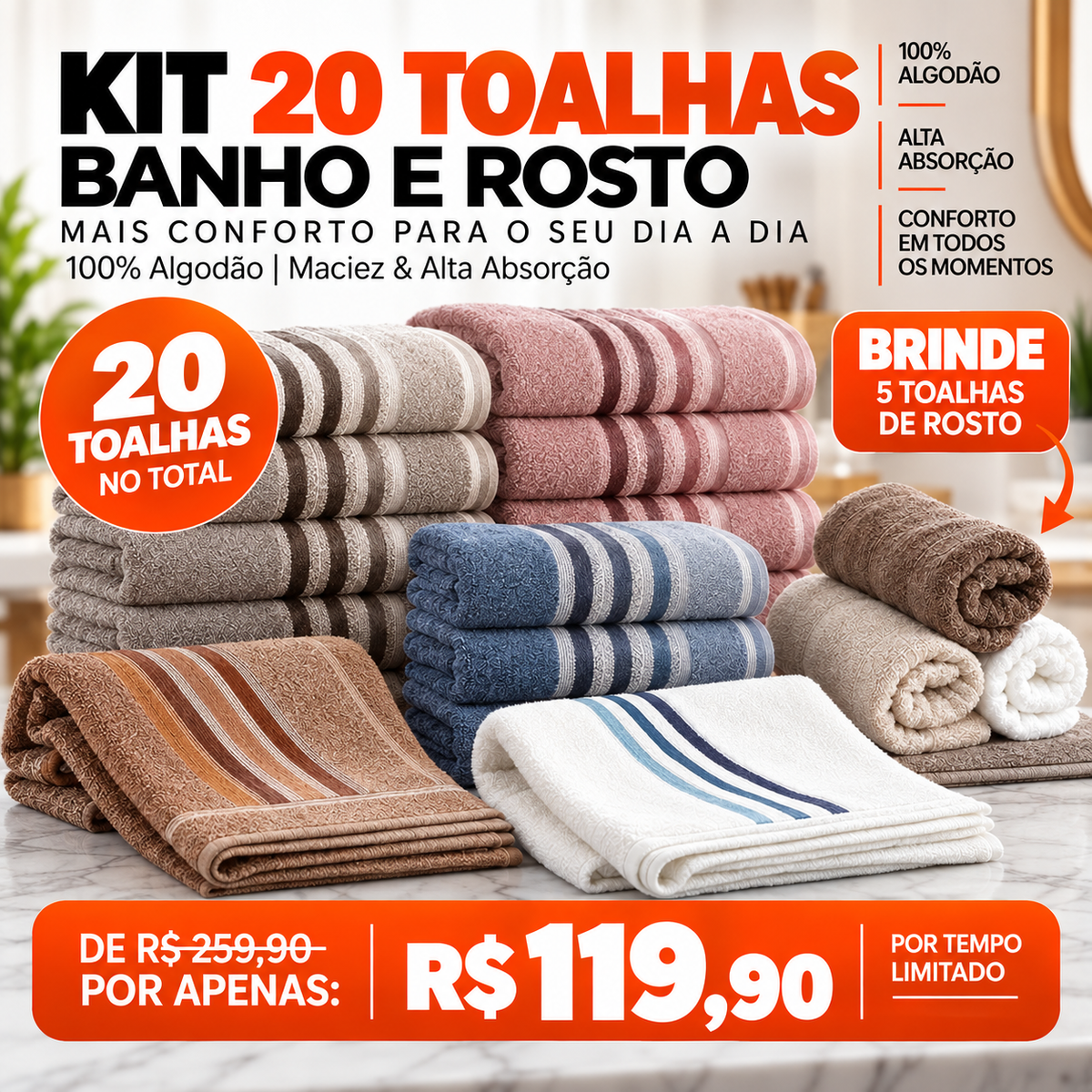 KIT COMPLETO COM 20 TOALHAS – 15 BANHÃO + 5 DE ROSTO GRÁTIS