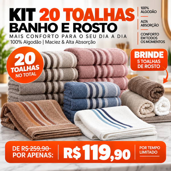 KIT COMPLETO COM 20 TOALHAS – 15 BANHÃO + 5 DE ROSTO GRÁTIS