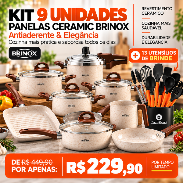 Jogo de Panelas Ceramic 9 Peças + Kit 13 Utensílios