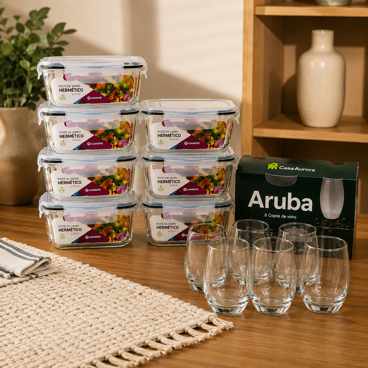 KIT 9 UNIDADES POTES HERMÉTICOS + 6 COPOS ARUBA DE BRINDE!