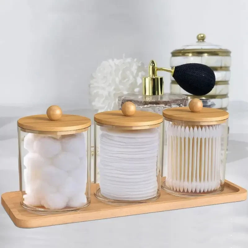 Kit 6 Potes Organizadores com Tampa de Madeira e Bandeja de Bambu